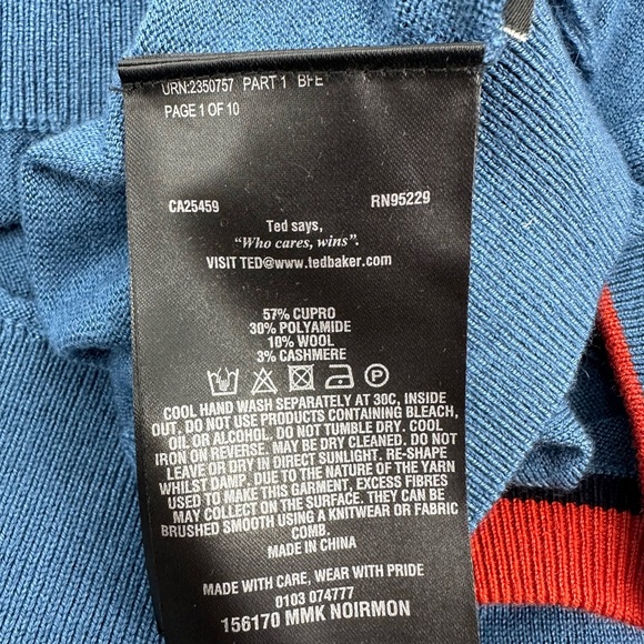 TED BAKER Mid-Blue Noirmon Crew Striped Jumper Wool/Cashmere Blend - Picture 13 of 13